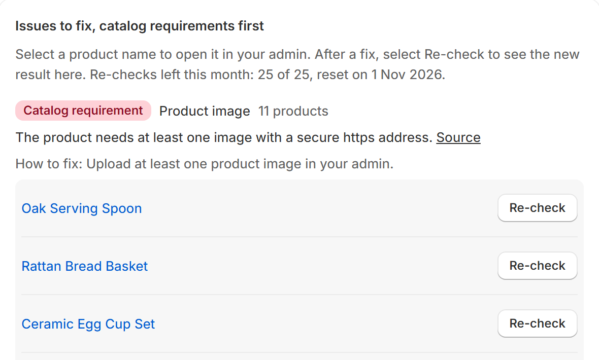Agentic Product Check fix list. The catalog requirement Product image fails for 11 products: each product needs at least one image with a secure https address. The rule links its source, says how to fix it and lists Oak Serving Spoon, Rattan Bread Basket and Ceramic Egg Cup Set, each with a Re-check button.