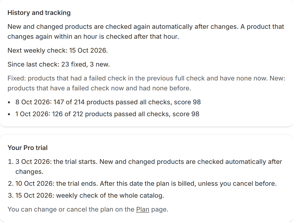 Pro section History and tracking: new and changed products are checked again automatically; next weekly check 15 Oct 2026; since the last check 23 products fixed and 3 new; two full checks listed with their results. Below it, Your Pro trial: the trial starts on 3 Oct 2026 and ends on 10 Oct 2026, after which the plan is billed unless cancelled, and the weekly check runs on 15 Oct 2026.