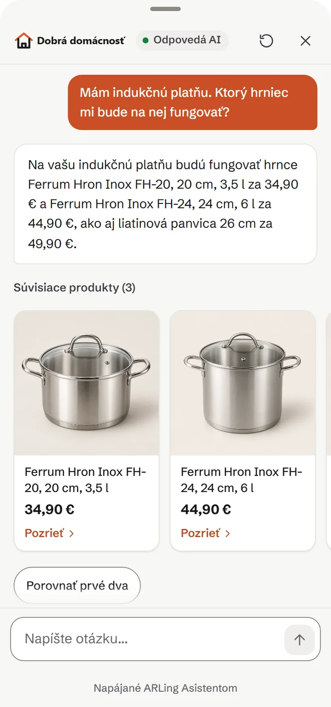 Asistent na telefóne ako list zospodu obrazovky: otázka Mám indukčnú platňu. Ktorý hrniec mi bude na nej fungovať?, odpoveď s cenami a pod ňou veľké karty hrncov s fotkou, cenou a odkazom Pozrieť. Pole na písanie je dole a nič ho neprekrýva.