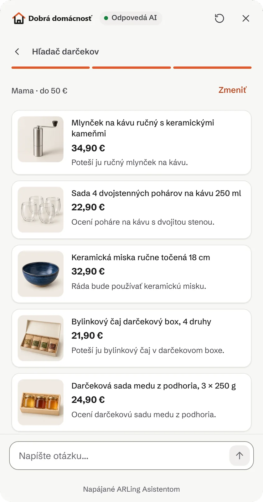 Hľadač darčekov v paneli asistenta: pre mamu do 50 €. Päť návrhov s fotkou, cenou a krátkou vetou, prečo poteší: ručný mlynček na kávu za 34,90 €, dvojstenné poháre za 22,90 €, ručne točená keramická miska za 32,90 €, bylinkový čaj za 21,90 € a sada medu za 24,90 €.