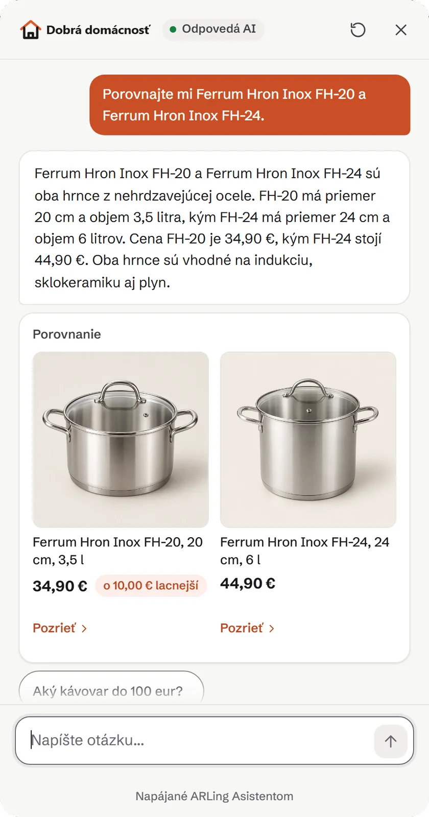 Porovnanie dvoch hrncov v paneli: odpoveď uvádza priemer, objem a cenu oboch a pod ňou sú Ferrum Hron Inox FH-20 za 34,90 € a FH-24 za 44,90 € vedľa seba s fotkami, pod lacnejším štítok o 10,00 € lacnejší.