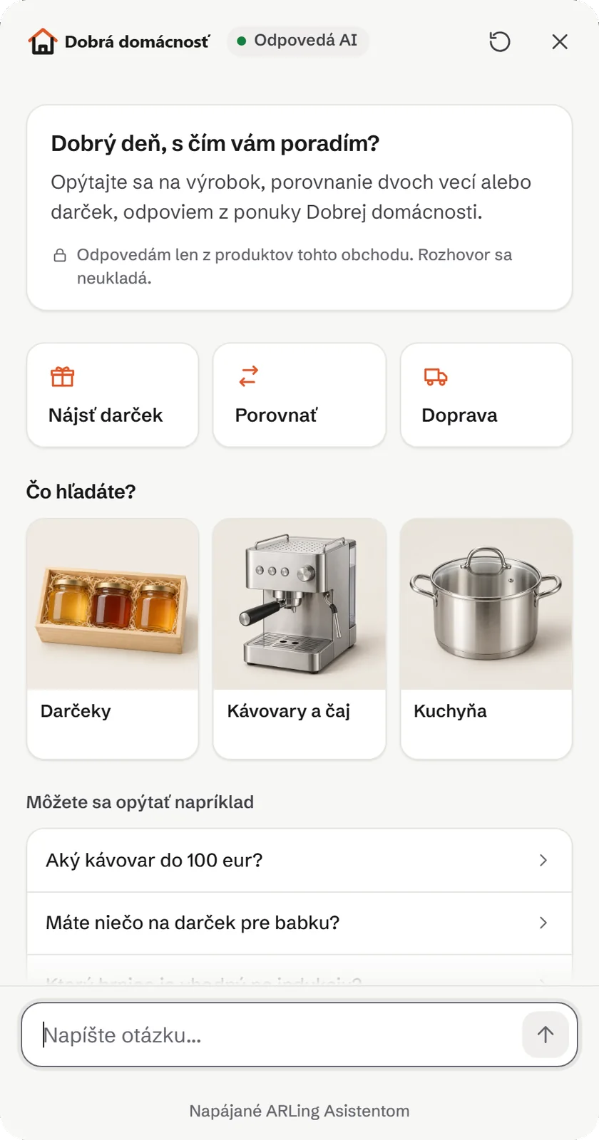 Úvod panela asistenta: pozdrav obchodu, veta Odpovedám len z produktov tohto obchodu, rozhovor sa neukladá, dlaždice Nájsť darček, Porovnať a Doprava, kategórie s fotkami a príklady otázok.