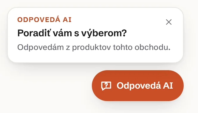 Zatvorený asistent: medené tlačidlo Odpovedá AI v rohu obchodu a nad ním biela karta Poradiť vám s výberom? Odpovedám z produktov tohto obchodu, s krížikom na zavretie.