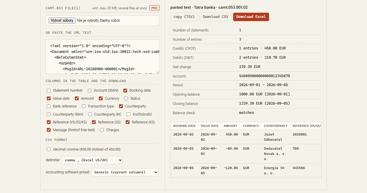 Screenshot von camt.053 nach Excel: ein Kontoauszug als Tabelle mit Zusammenfassung und Saldoprüfung