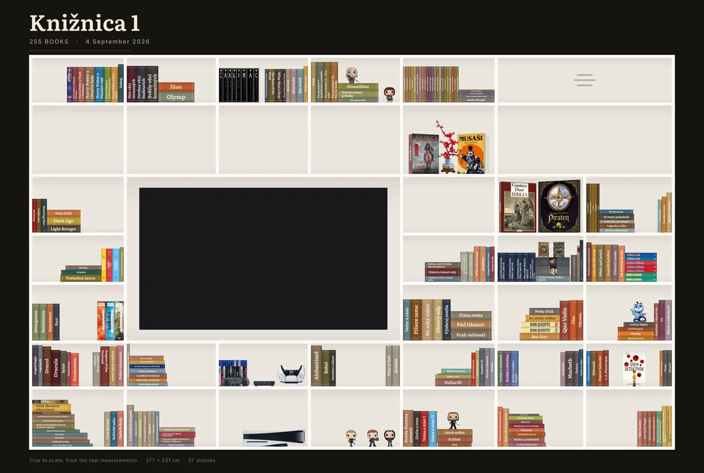 A real home library rendered by bookapp: every book spine in its real width and colour, shelves and cabinets to scale