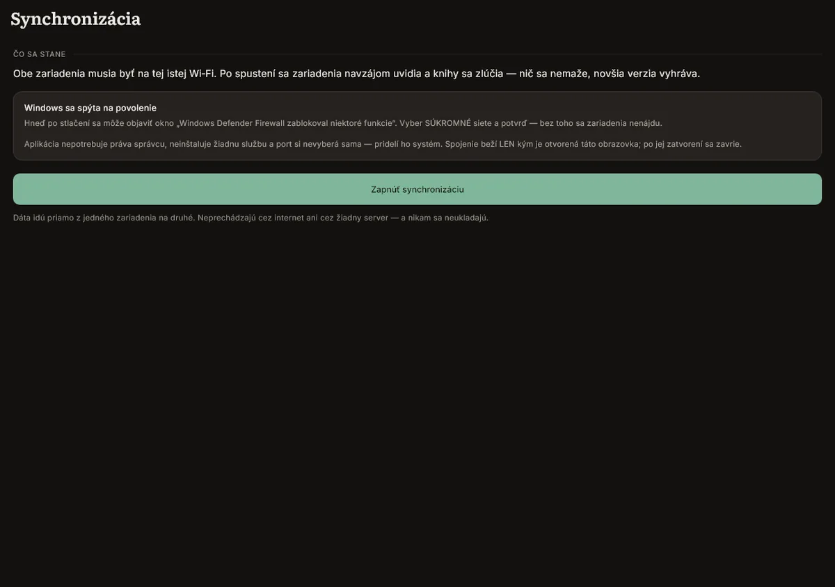 Obrazovka Synchronizácia s vysvetlením, že obe zariadenia musia byť na tej istej Wi-Fi, upozornením na okno Windows Firewall a tlačidlom Zapnúť synchronizáciu
