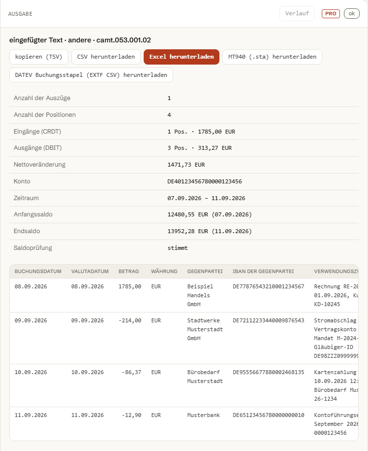 Ausgabe des Tools: Zusammenfassung des Kontoauszugs, Saldenprüfung und die Buchungstabelle mit Datum, Betrag, Gegenpartei und Verwendungszweck.