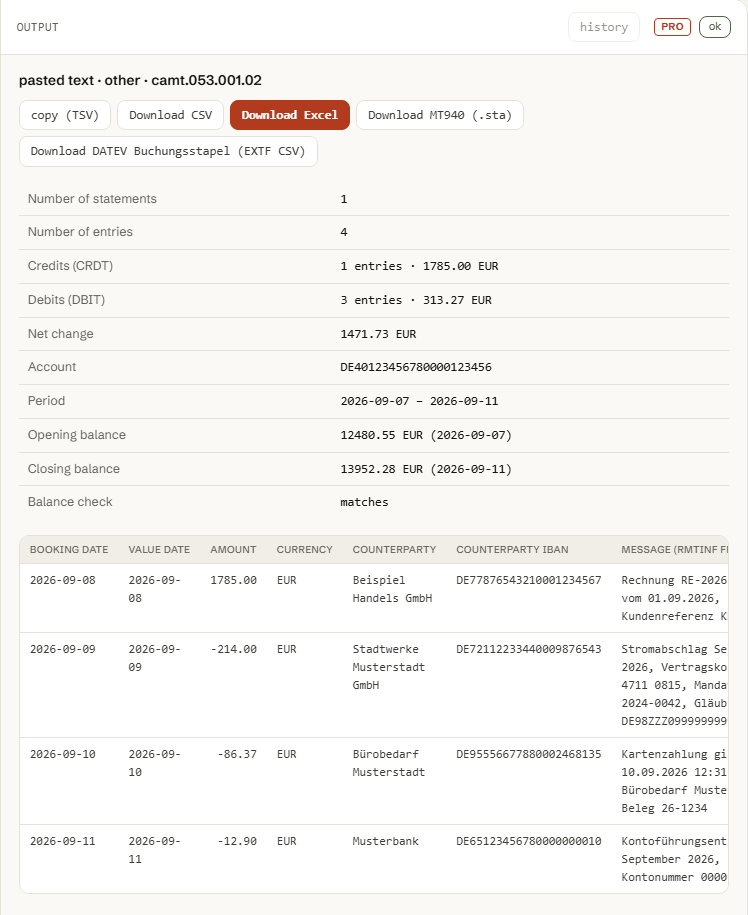 Tool output: the statement summary, the balance check and the table of payments with dates, amounts, counterparty and reference.