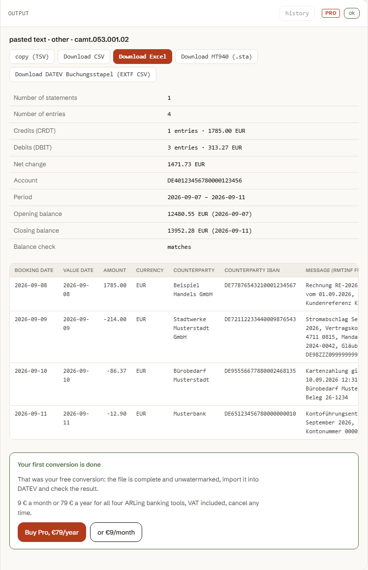 Tool output: a camt.053 statement converted, with the balance check, the table of entries and the buttons for MT940 (.sta) and DATEV Buchungsstapel.
