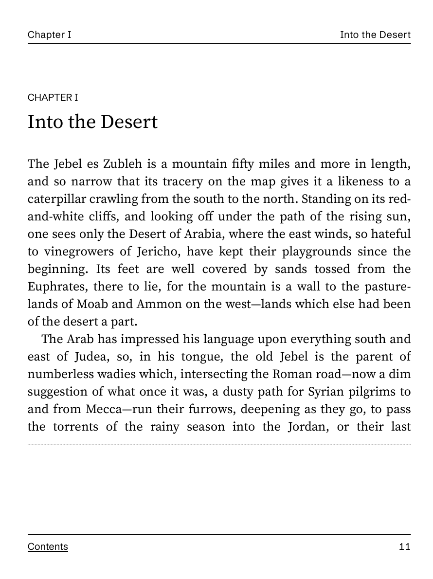 Page 11 of the e-ink file: the running head Chapter I and Into the Desert, the chapter title, the opening paragraphs in serif type, and a ruled band at the foot of the page for notes