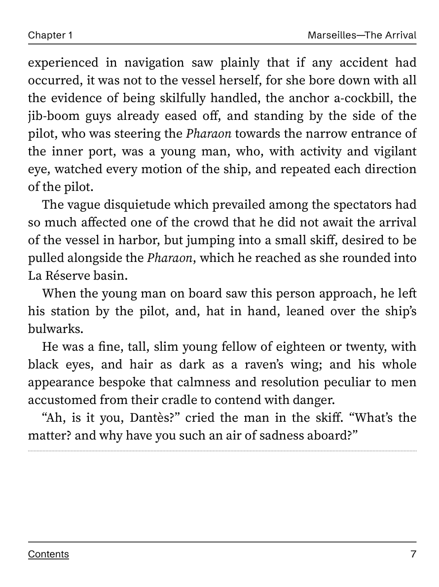 Page 7 of volume 1 in the e-ink file: the running head Chapter 1 and Marseilles, the Arrival, the text in serif type with the ship Pharaon in italics, and a ruled band at the foot of the page for notes