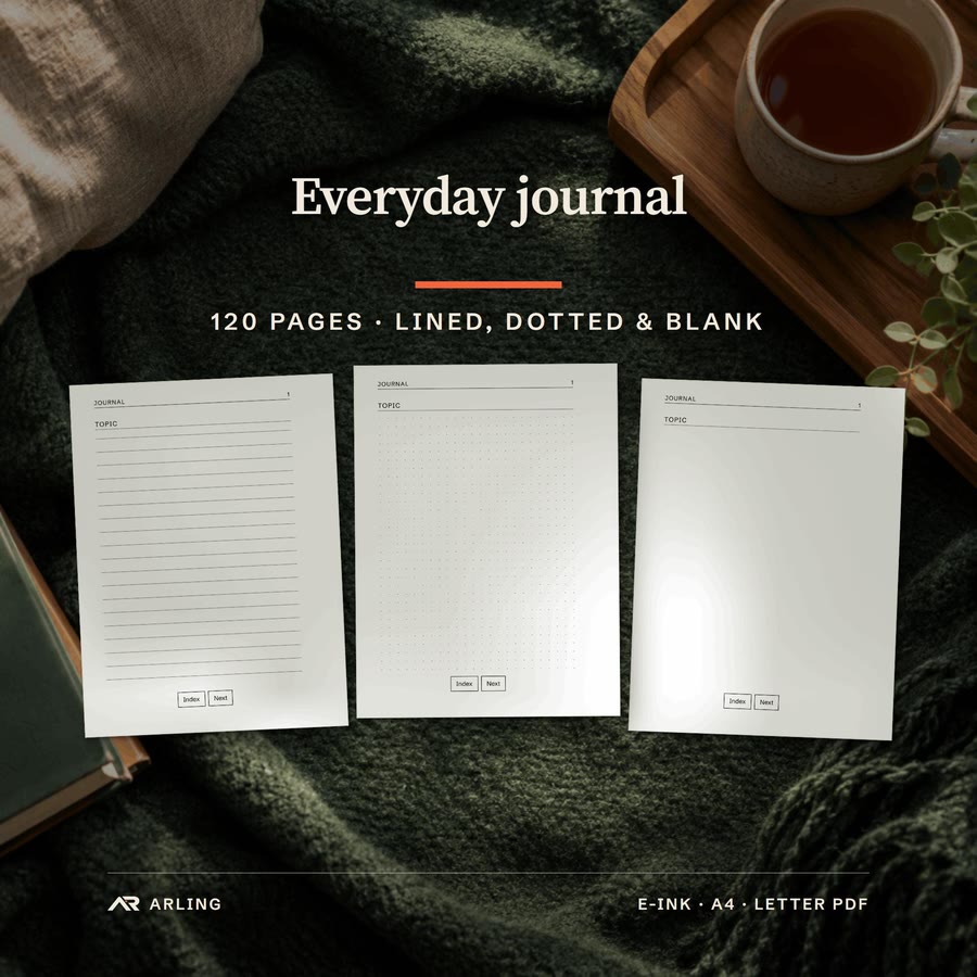A numbered journal for e-ink tablets: a lined page, a dotted page and a blank page from the PDF, 120 numbered pages in all.