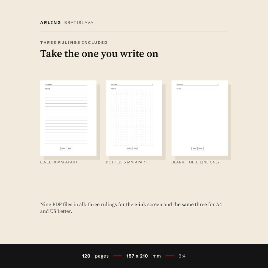 The three rulings of the journal side by side: lined 8 mm apart, a dot grid 5 mm apart, and blank with a topic line.