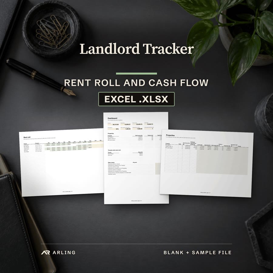 Landlord Tracker, Rent roll and cash flow, Excel .xlsx. Real pages from the files you download, laid on a desk: the printed Rent roll sheet of the sample file, the printed Dashboard sheet of the sample file and the printed Properties sheet of the ...