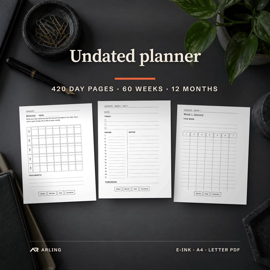 An undated planner for e-ink tablets: a month page, a week page and a day page from the PDF on a plain dark background, 420 day pages in all.