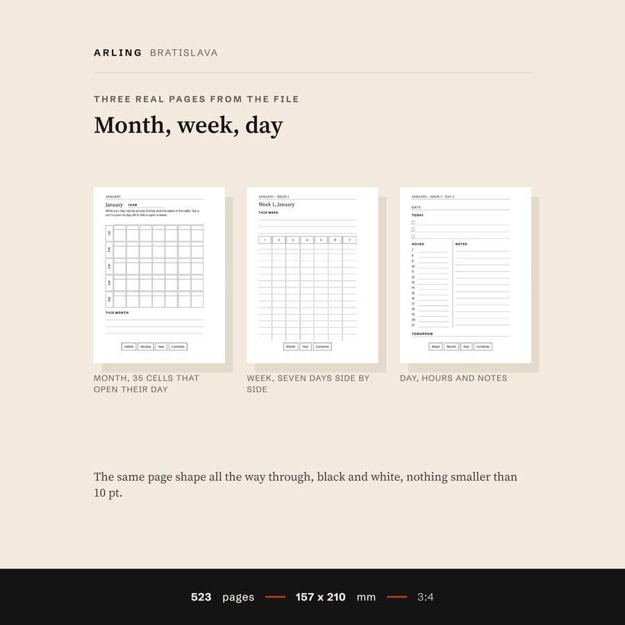 Three real pages from the file side by side: a month grid, a week of seven days and a day page with an hour column and notes.