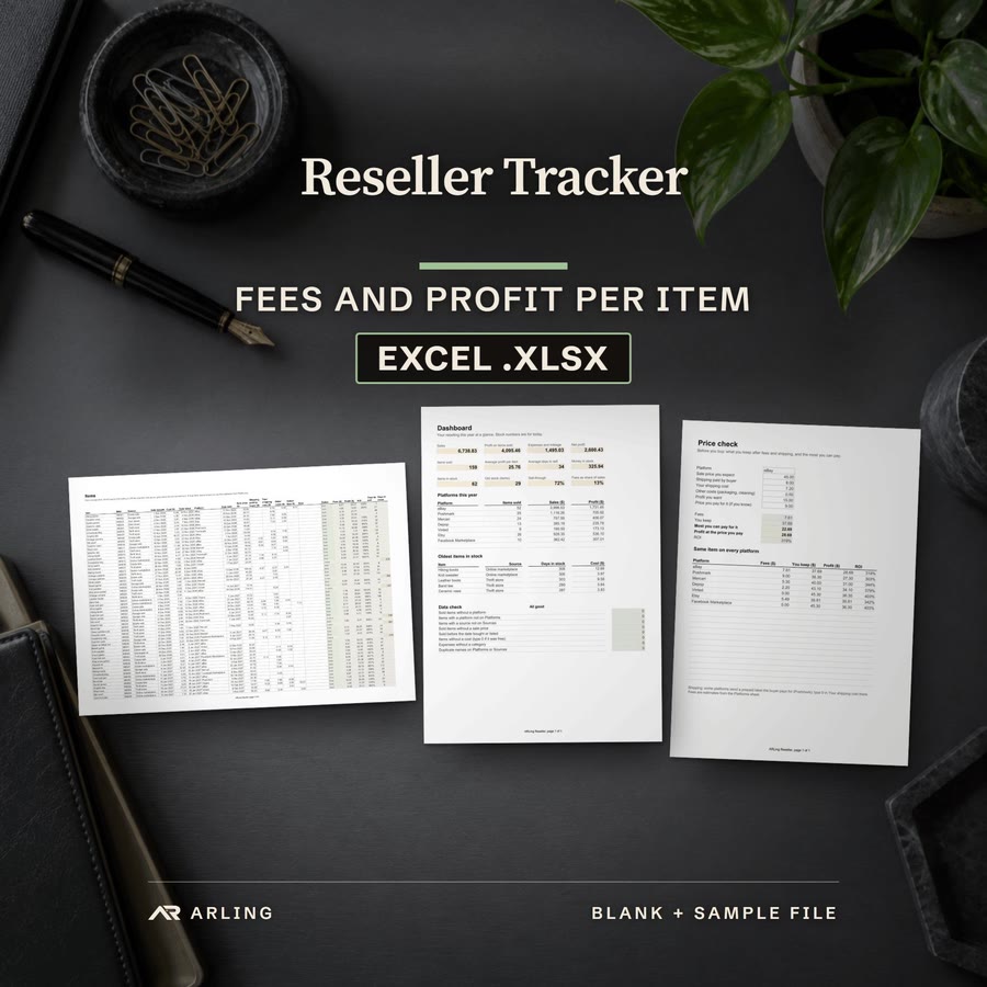 Reseller Tracker, Fees and profit per item, Excel .xlsx. Real pages from the files you download, laid on a desk: the printed Items sheet of the sample file, the printed Dashboard sheet of the sample file and the printed Price check sheet of the sa...