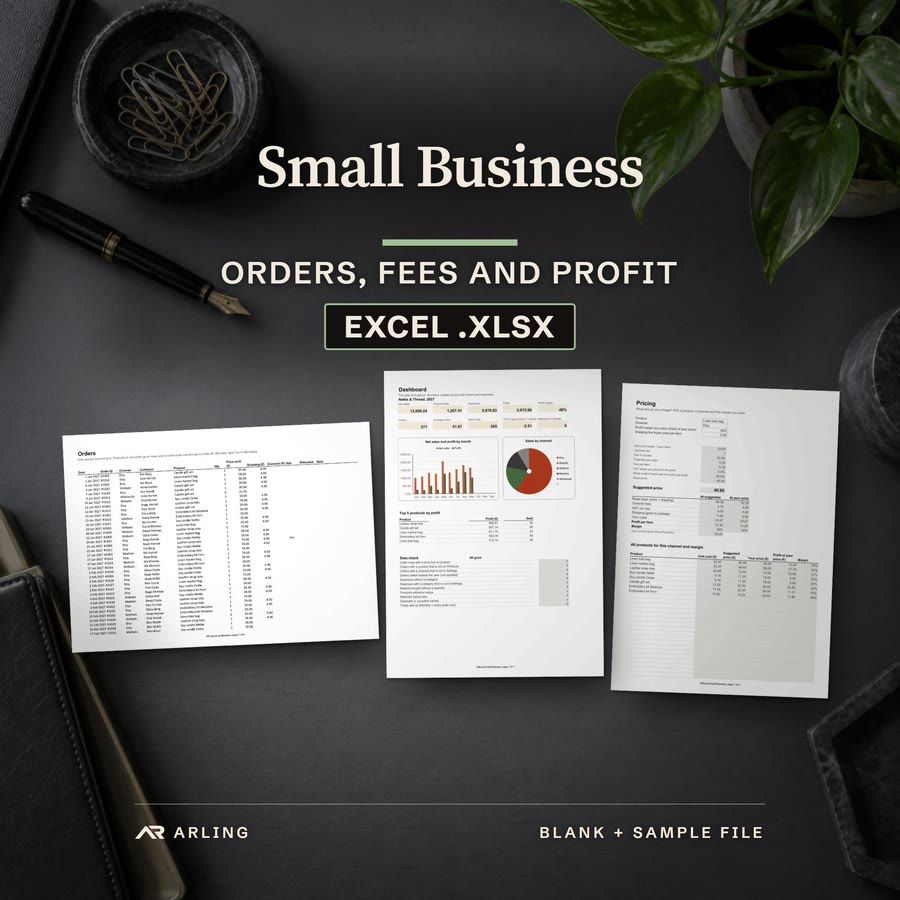 Small Business, Orders, fees and profit, Excel .xlsx. Real pages from the files you download, laid on a desk: the printed Orders sheet of the sample file, the printed Dashboard sheet of the sample file and the printed Pricing sheet of the sample f...