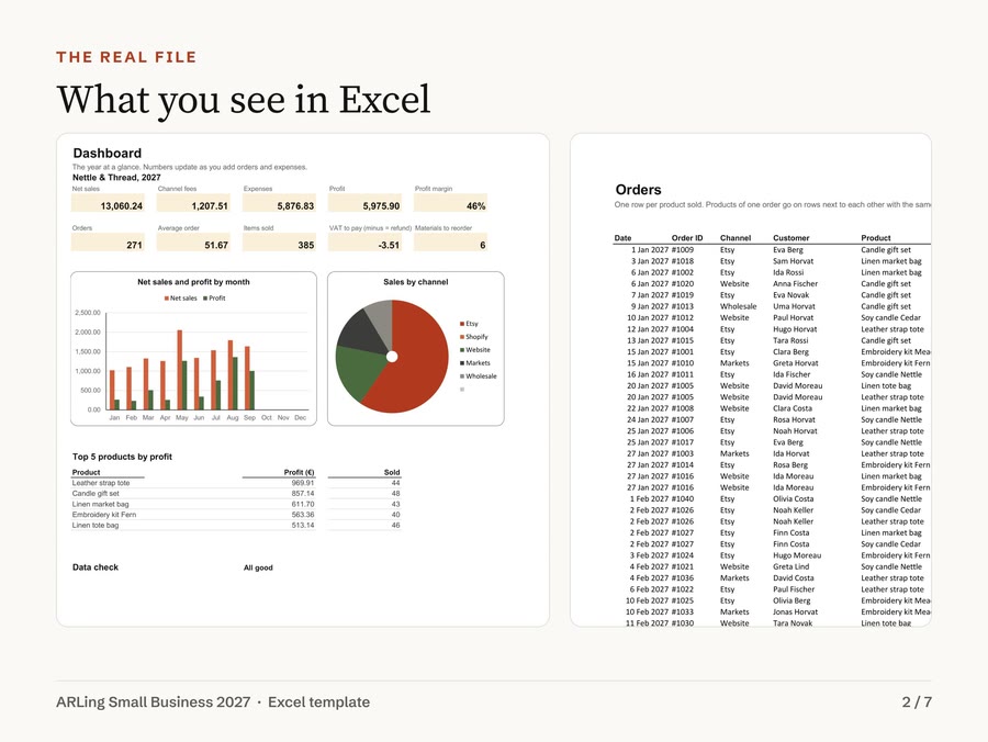 Small Business Bookkeeping Spreadsheet, Order and Inventory Tracker, Pricing Calculator with Etsy Fees, EU UK VAT, Excel Template 2027