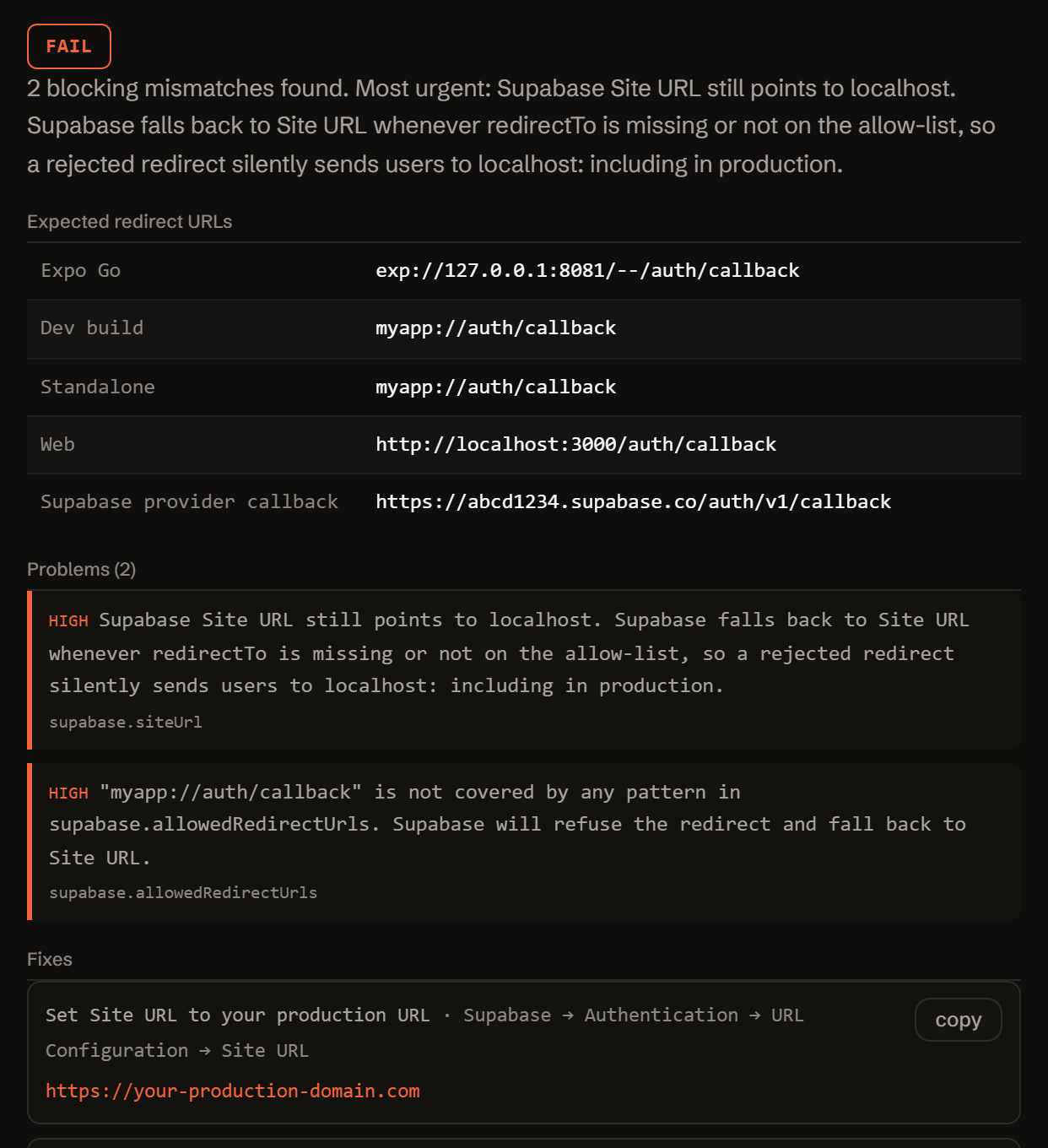 The tool after a diagnosis: a verdict and the rules that fired, each with the redirect value it points at.