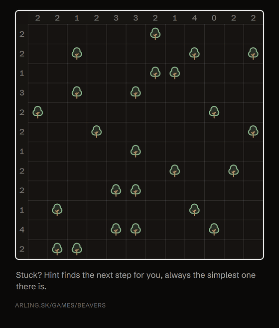 Animation: the Hint outlines a tree, marks the one cell where its lodge must go and explains why, then shows a cell that touches both possible spots of another tree and marks it as grass.