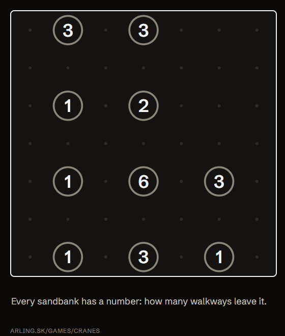 Animation: walkways are laid one by one between sandbanks until every number matches, and the water turns green as solved.