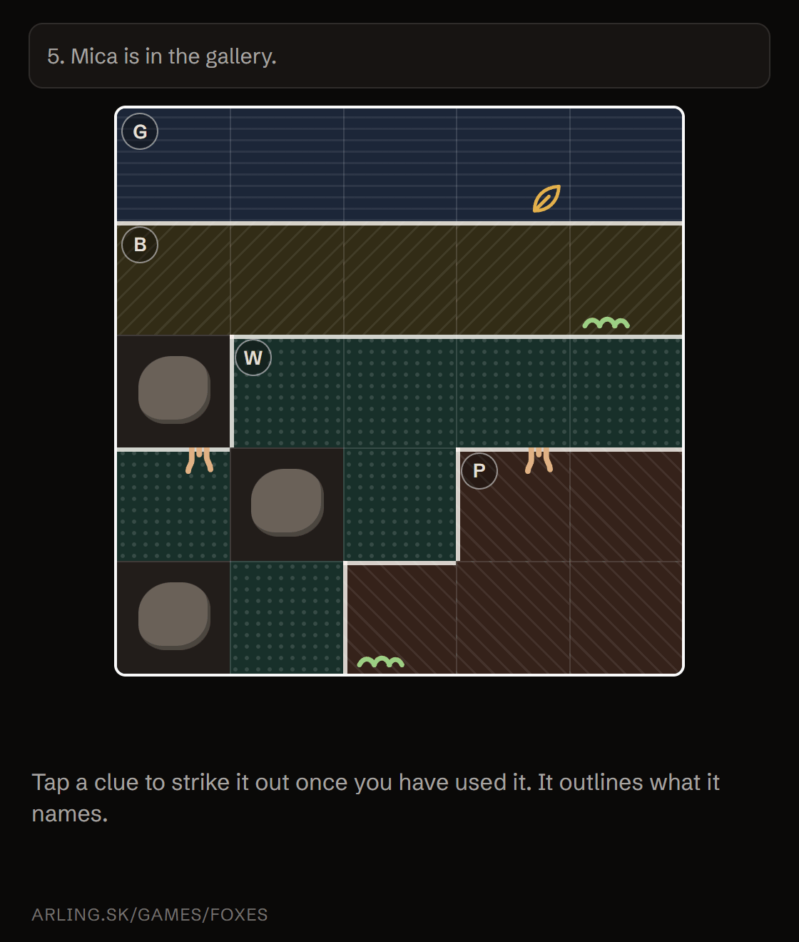 Animation: a clue is tapped, its chamber lights up, the fox's letter goes into those cells as notes, the fox is placed, and a wrong fox is shown only after Check is pressed twice.