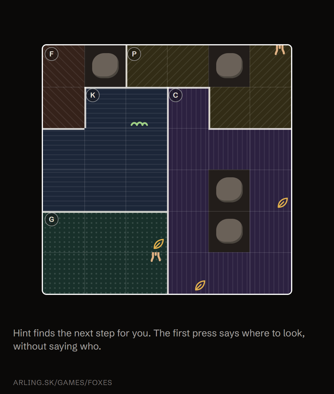 Animation: Hint outlines where to look, then takes one step; at the end one fox is alone with the lost thing and the answer appears.