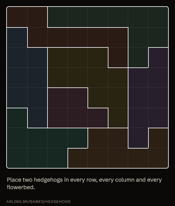 Animation: hedgehogs are placed two per row, then every column and every flowerbed is highlighted with its two hedgehogs, then the garden turns green as solved.
