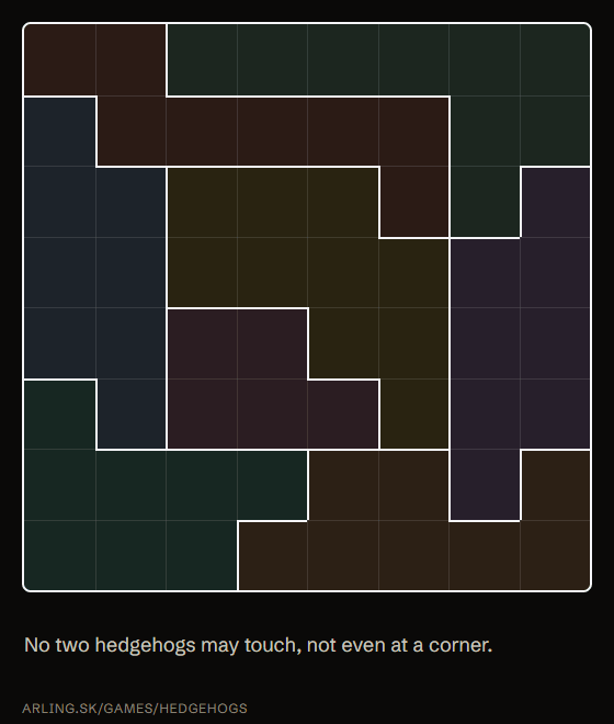 Animation: a hedgehog is placed, the eight cells around it get dots one by one, a second hedgehog placed at a corner turns red and is removed, and the second hedgehog of the row is placed further away.