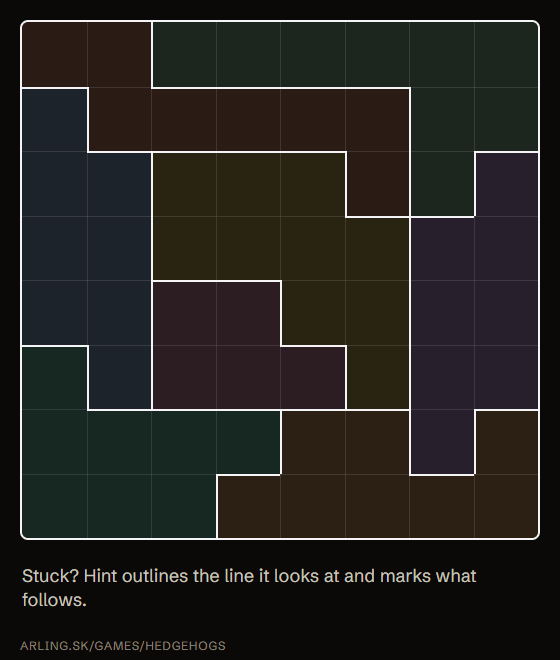 Animation: the Hint outlines a row with a dashed line, marks the cells that must stay empty with rings and explains why, then the dots are filled in; this repeats for the next steps.