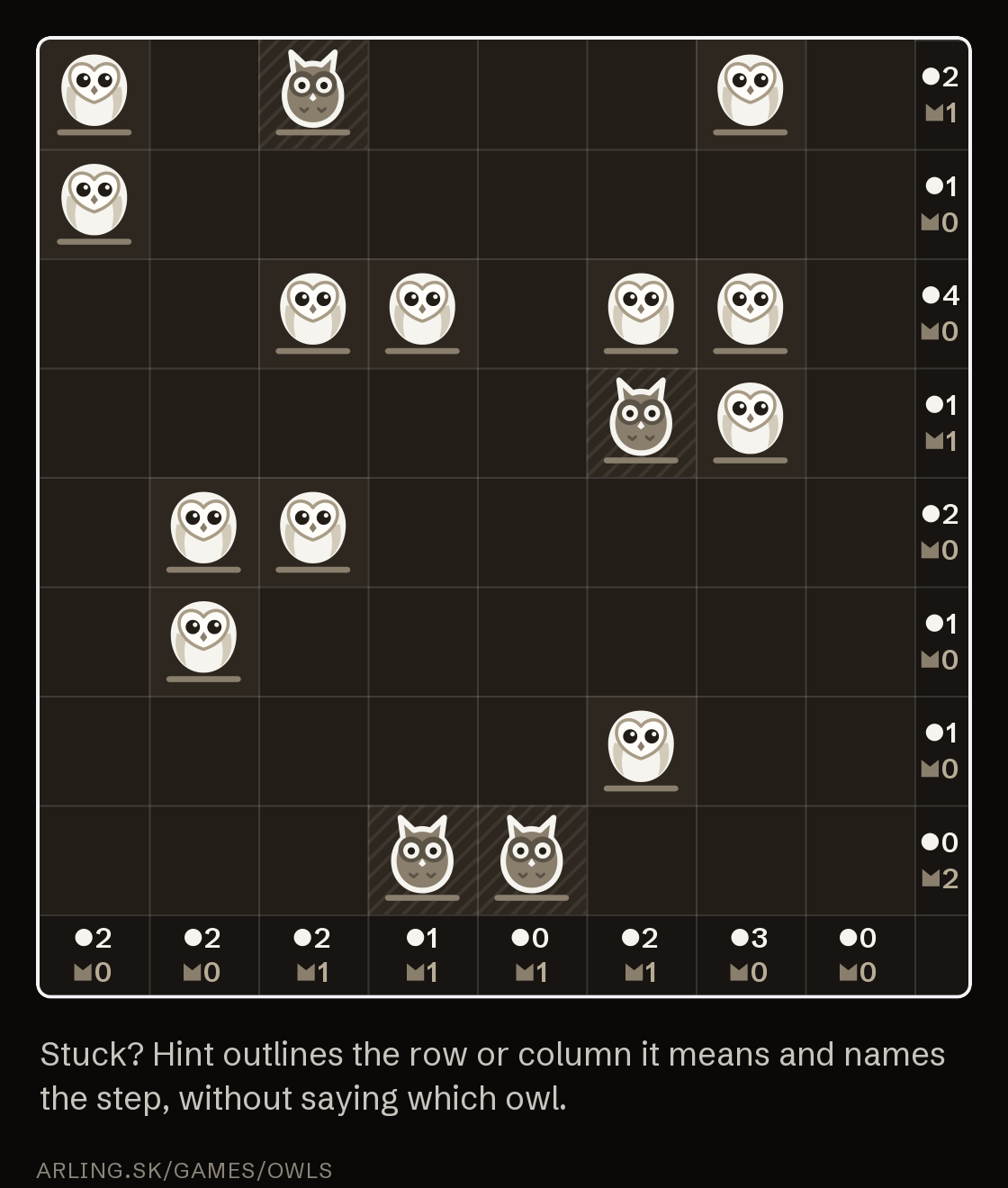 Animation: Hint outlines a row, explains the step, then places the owls it means; this repeats for the next steps.