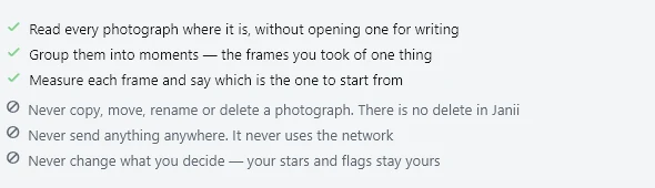 Janii's stated guarantees: read every photograph without opening it for writing, group into moments, measure each frame; never copy, move, rename or delete; never send anything anywhere; never change what you decide