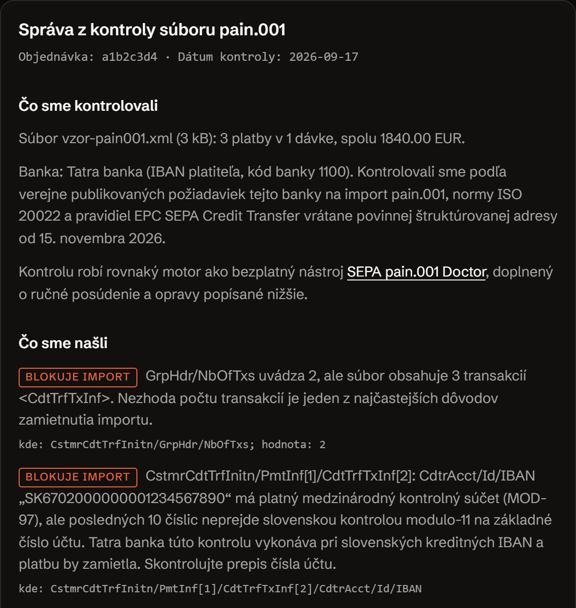 Výrez zo správy z kontroly: zoznam nálezov s označením blokuje import a treba opraviť, pri každom náleze cesta v XML.