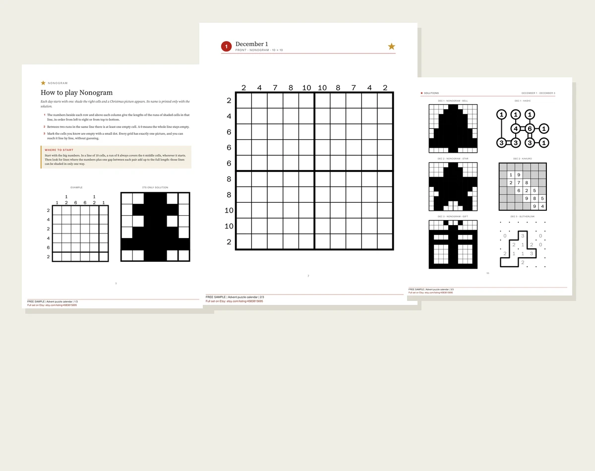 Actual Advent puzzle calendar sample pages