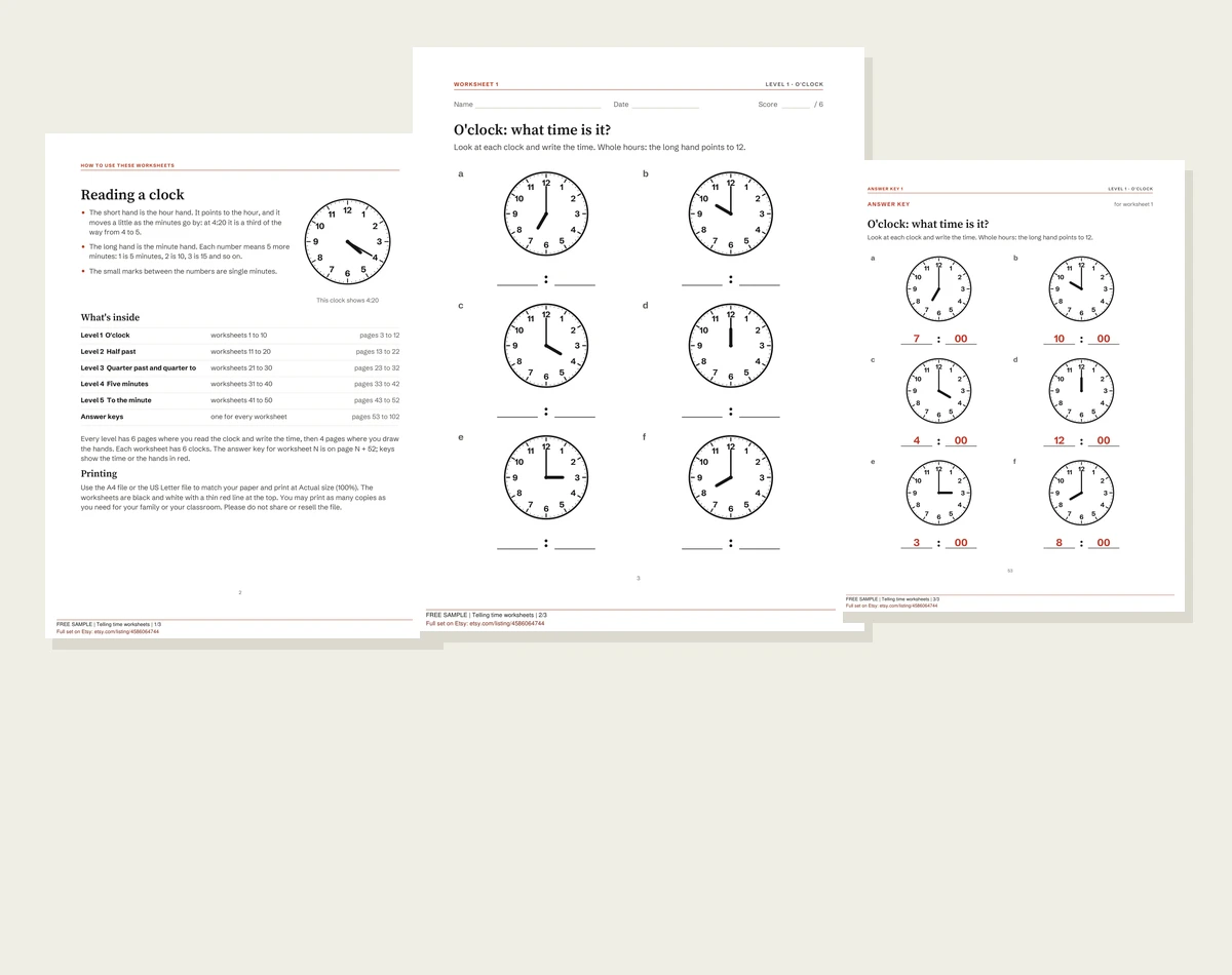 Actual telling time worksheets sample pages
