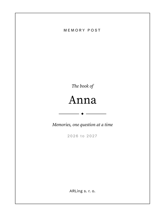The cover of a Memory Post book: a hairline frame, the words Memory Post at the top, The book of, the name Anna in large type, a short rule and the line Memories, one question at a time