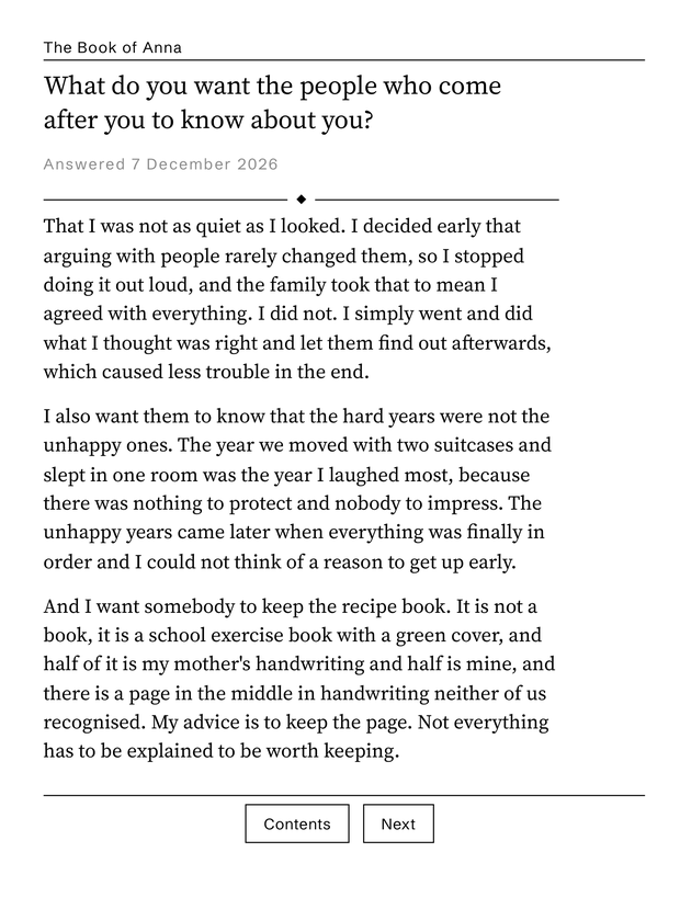 A real page from the sample book: the question set as a heading, the date underneath, a rule, and the answer set in serif type