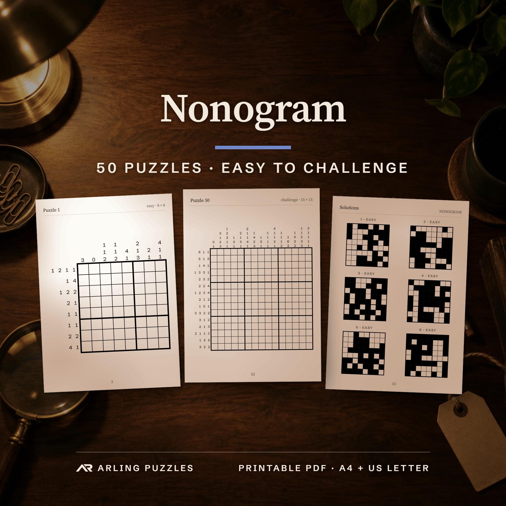 The actual Etsy listing image: a printable Nonogram puzzle book and a real page from this edition.