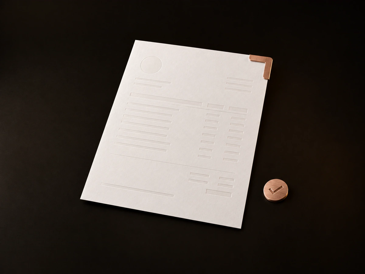 A white invoice sheet with embossed line-item rows, a thin copper corner clip at the top right and a small copper check-mark token on the desk beside it.