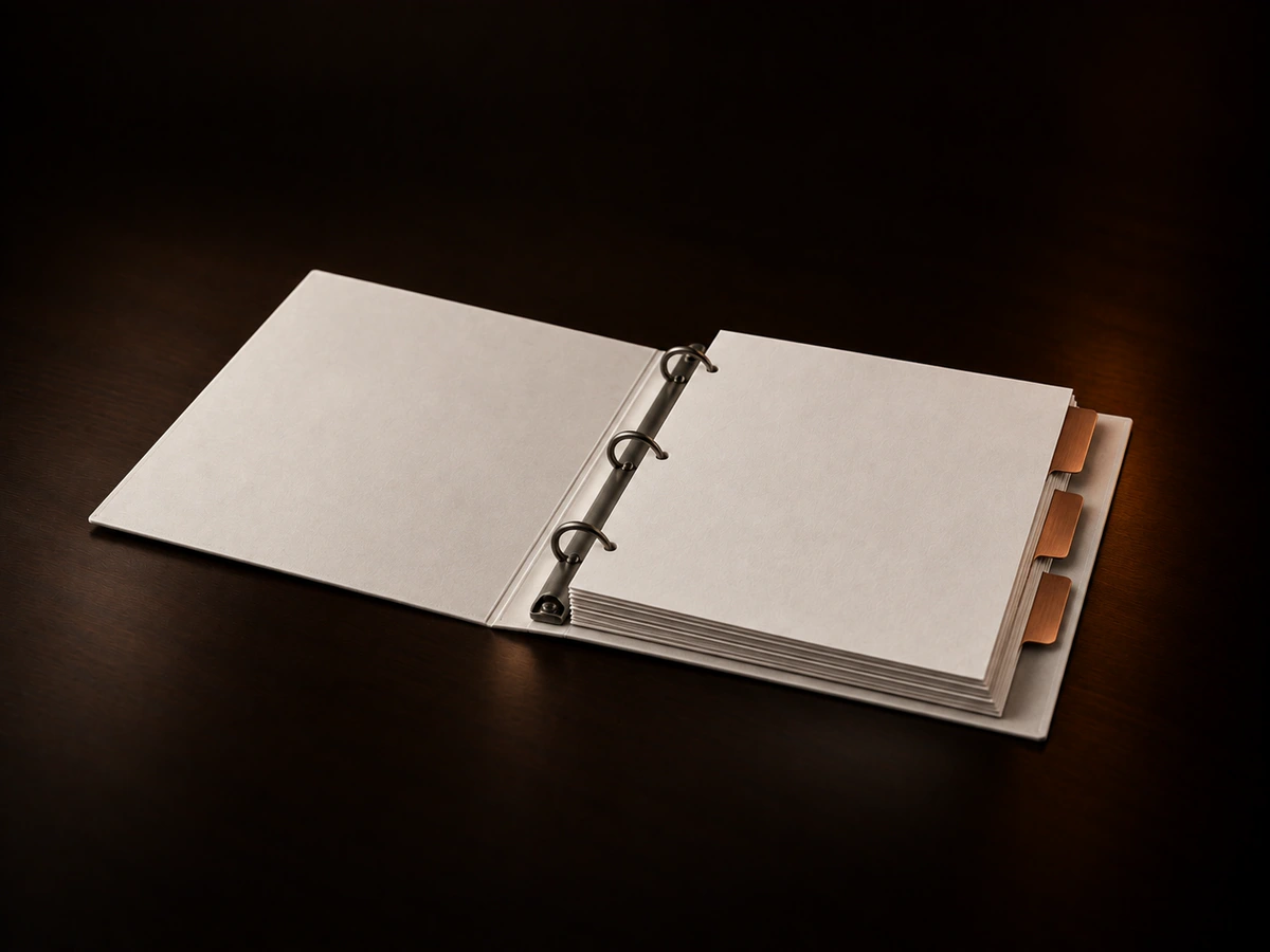 An open white ring binder on a dark desk, its page edges fanned out, with three copper tabs marking three separate places in the block of pages.