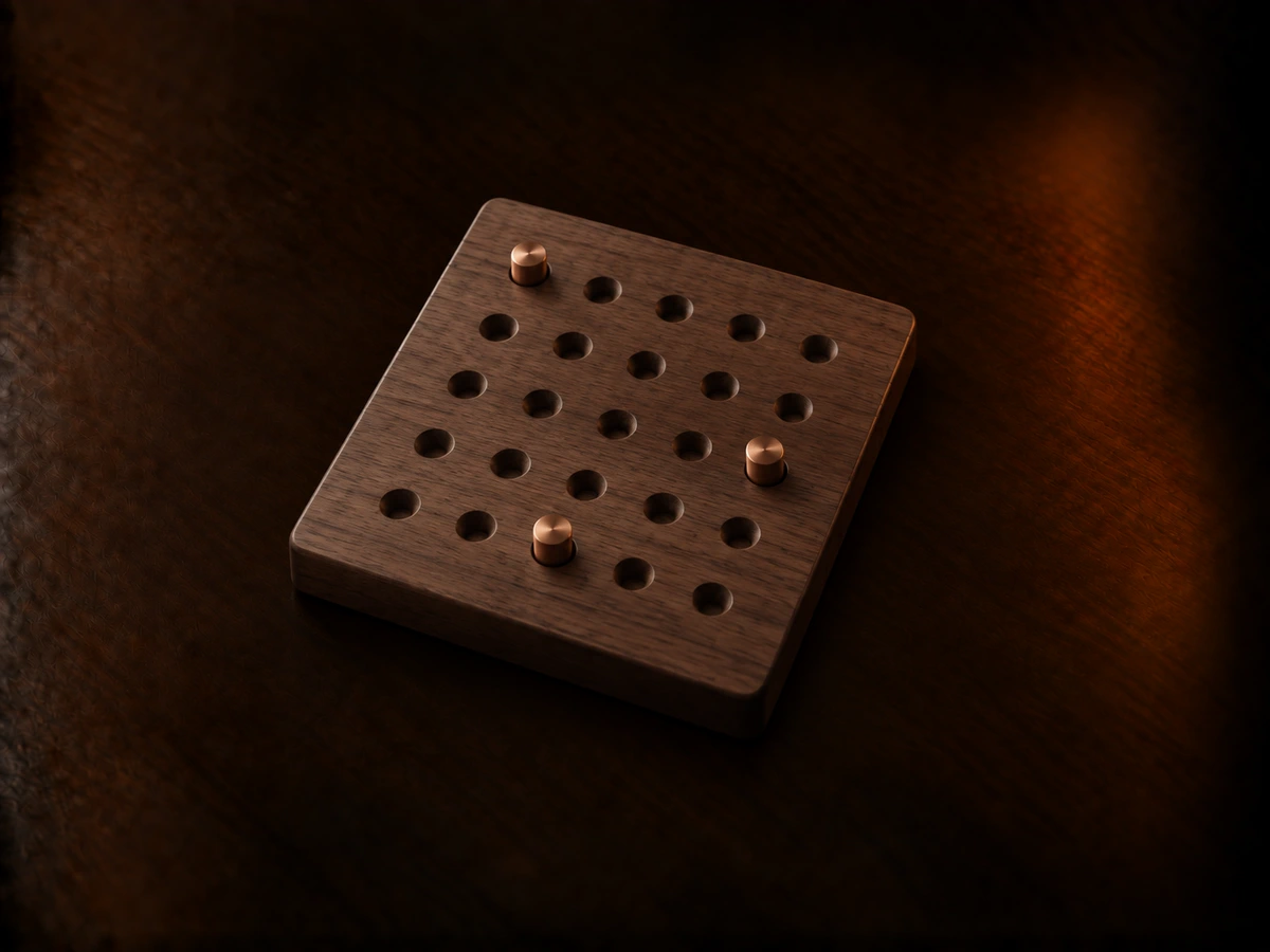 A small dark walnut puzzle board with a grid of shallow holes and three copper pegs set into it, like a quiet table game.
