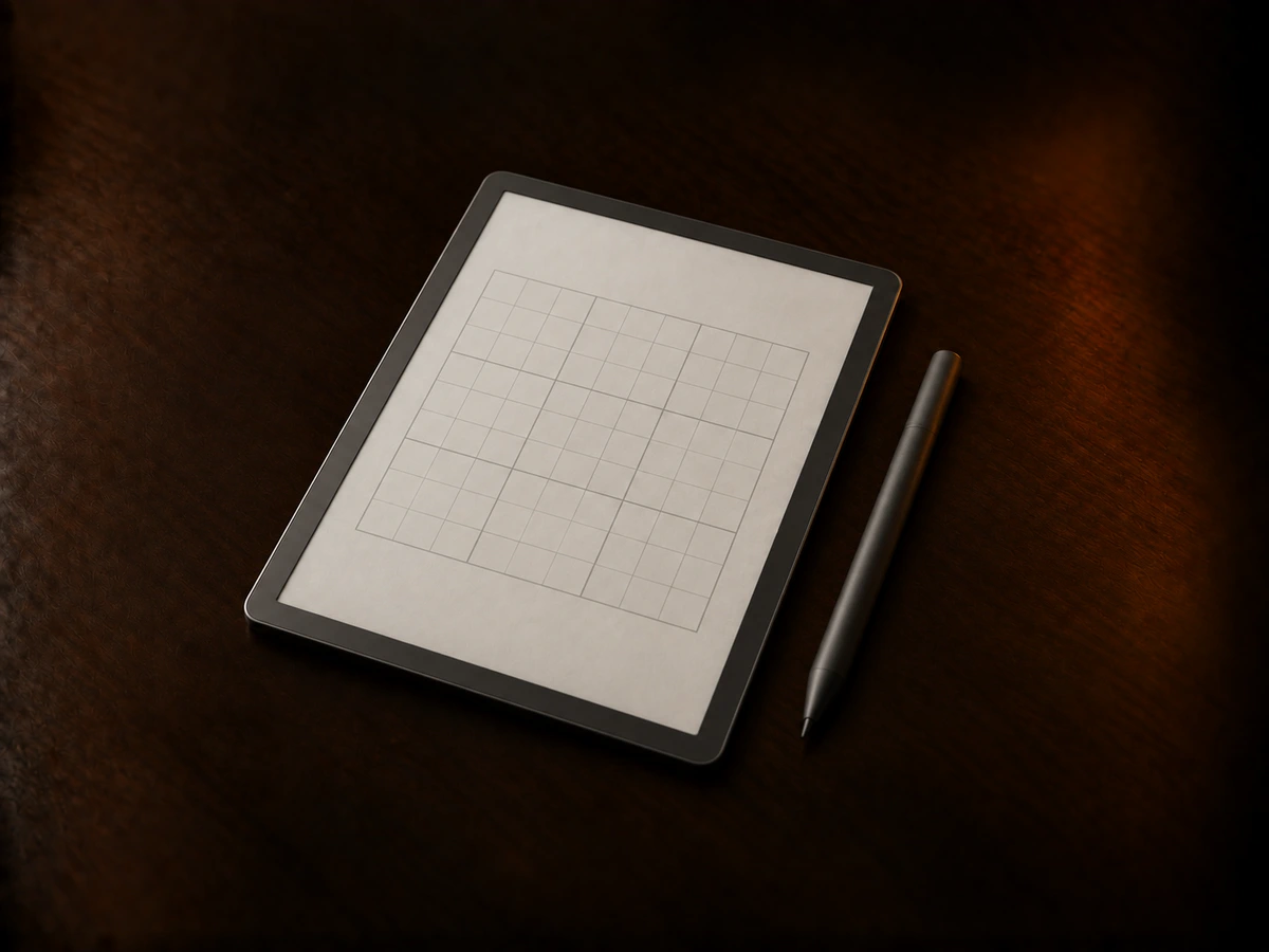 An e-ink tablet without any logo lying on a dark walnut desk, its screen showing a white page with a faint puzzle grid, a graphite stylus beside it.