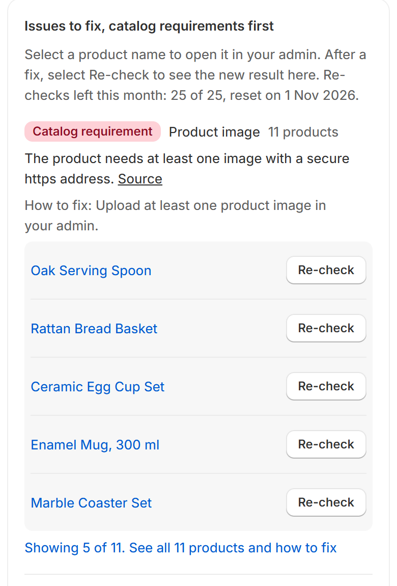 App screen: issues with catalog requirements first, Product image on 11 products, with a Re-check button.