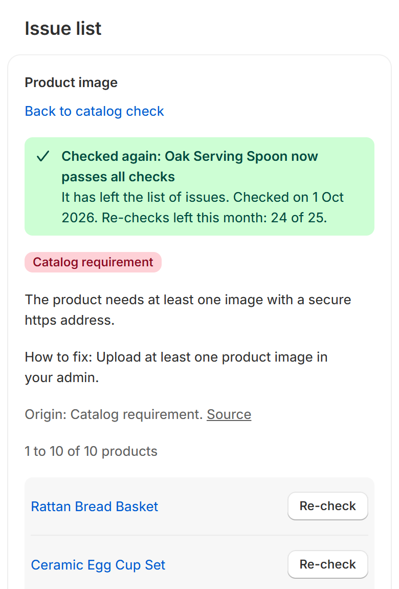 App screen after the fix: Oak Serving Spoon now passes every check and has left the list.