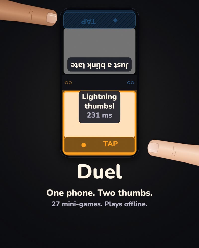 The Duel result screen: the winner half lit in orange with the score 2 to 1