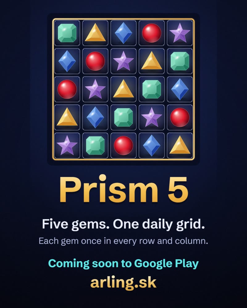 A finished Prism 5 grid of five gems on a dark board with a gold frame