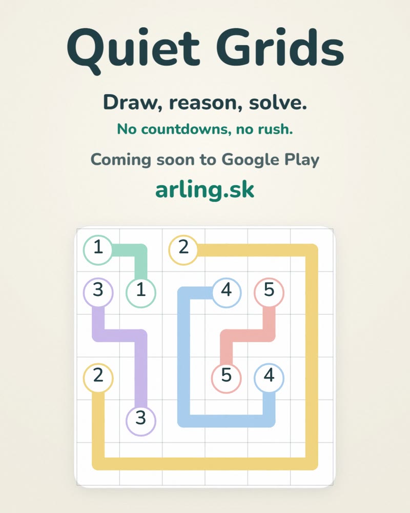 A finished path puzzle from Quiet Grids with coloured lines joining numbered pairs