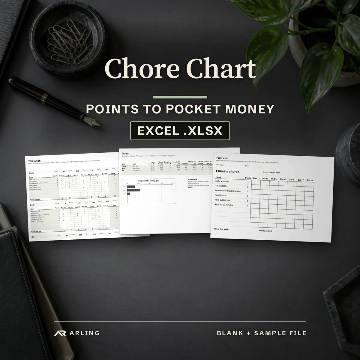 Chore Chart, Points to pocket money, Excel .xlsx. Real pages printed by Excel from the sample file, laid on a desk.
