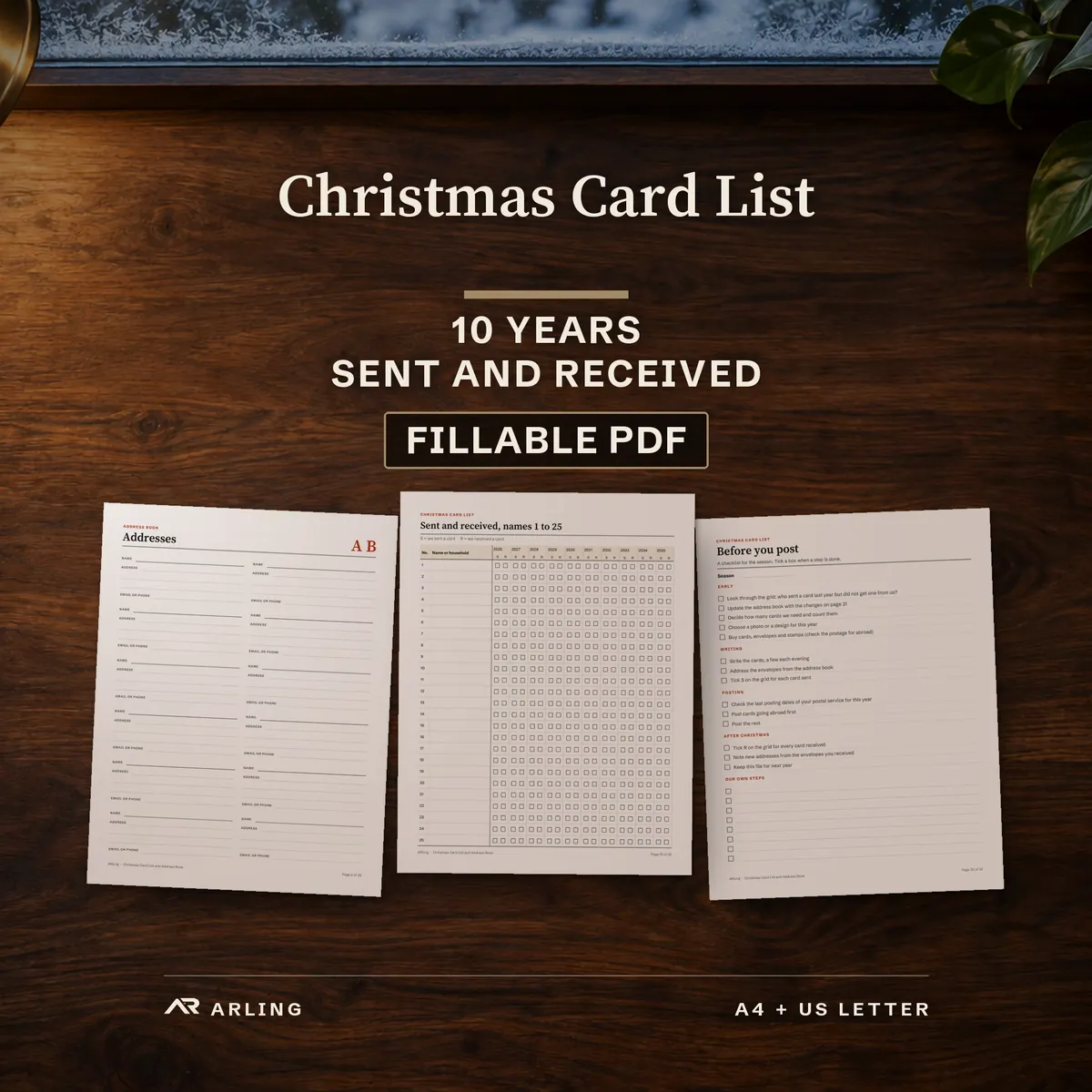 Christmas card list and address book, fillable PDF: real pages on a wooden table by a winter window, an address page, the 10 year grid and a checklist.